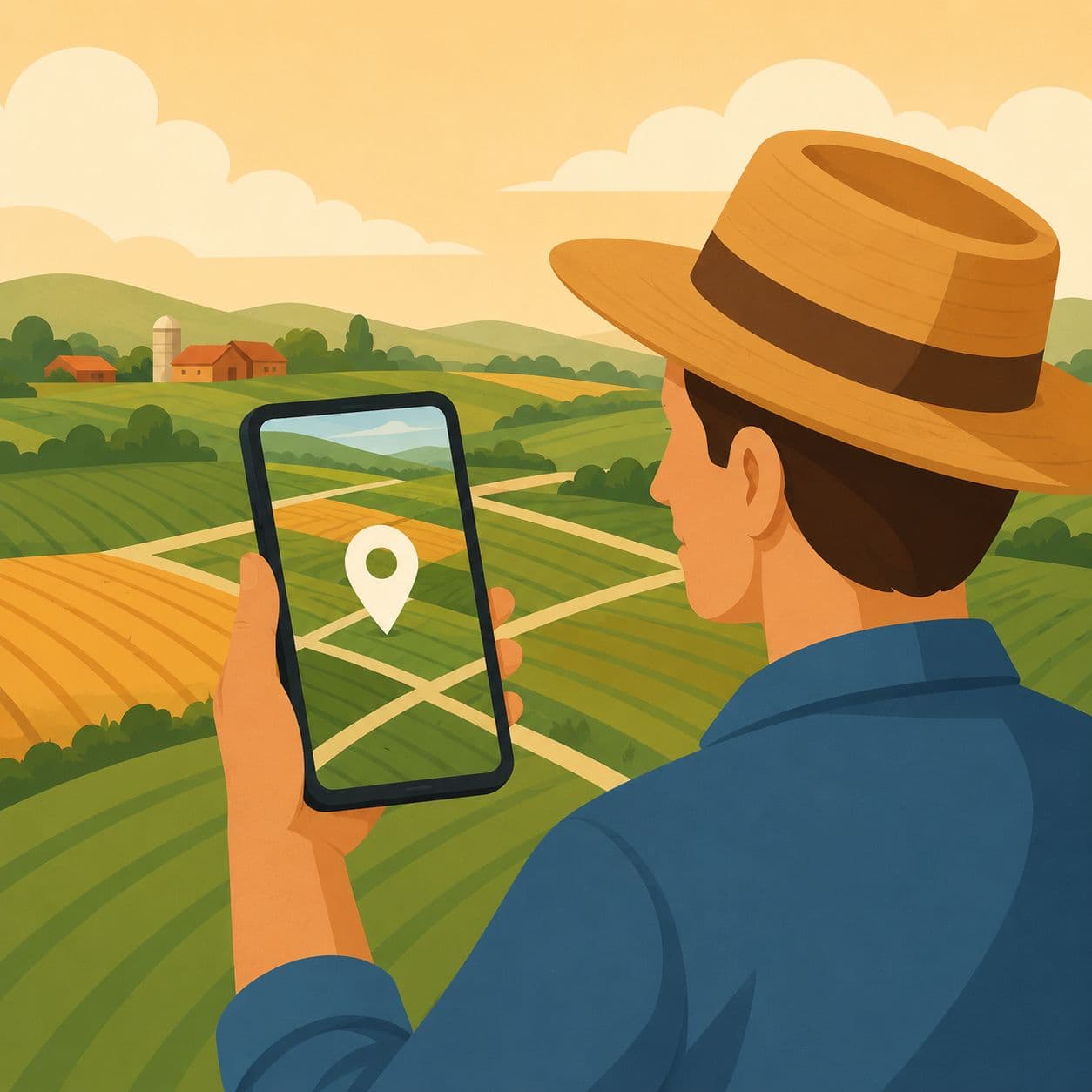 کشاورز در حال موقعیت‌یابی مزرعه با GPS تلفن همراه