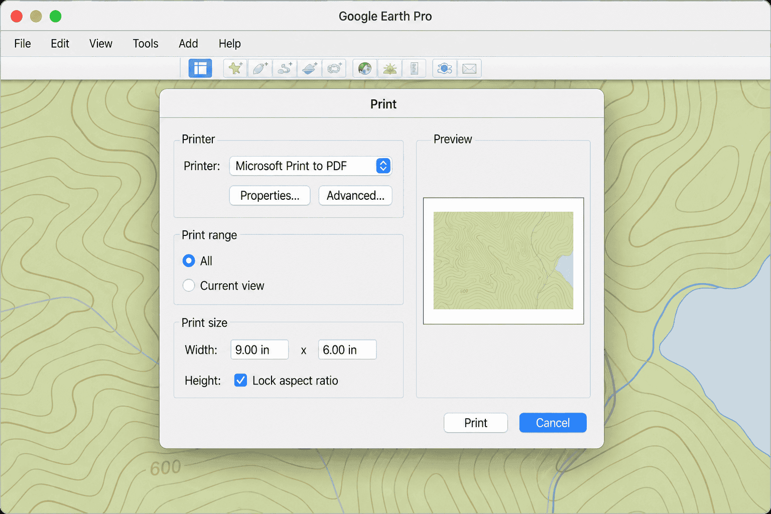 نمونه نقشه توپوگرافی دانلودشده از Google Earth